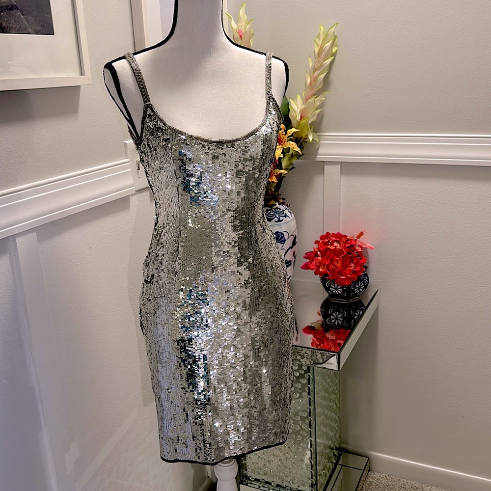 *Vintage* all silver sequin on Silk party dress